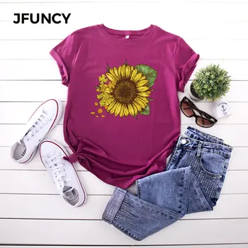 JFUNCY 5XL Ljetne ženske pamučne majice sa po cijeloj površini suncokreta u stilu харадзюку, casual top, ženska majica kratkih rukava, ženska t-shirt