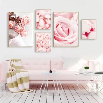 Ružičasti cvjetovi, plakat s ružama, wall art, platno, romantična slika, zidno slikarstvo u skandinavskom stilu za uređenje moderni dnevni boravak, Cuadros