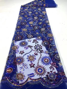Cvjetne čipke tkanina s afričkim šljokicama, plava, 5 metara, cvjetne čipke tkanina ručni rad, francuski nadvoji cvjetne čipke tkanina sa šljokicama za šivanje luksuzne večernje haljine