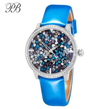 Ženske kožne sat Bling luksuzni brand sa surround kristalno plavom, poklon berba satovi za žene s dijamantom na velikom biranje