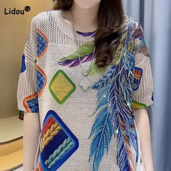 Korejski univerzalni хлопковая lanena majica sa po cijeloj površini za žene, ljetne nove besplatne majice kratkih rukava i dijamantima, ženska odjeća