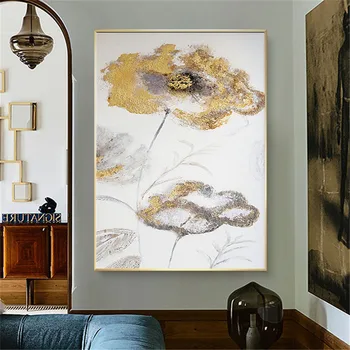 Jednostavno luksuzna moderna slika za uređenje doma, ručno oslikana, ulje na platnu, zlatna folija, apstraktno slikarstvo, cvijet, platno zidno slikarstvo