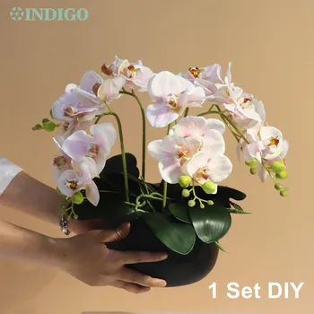 Sastav boja indigo-Ružičaste orhideje, Napravio svojim rukama (Cvijet + List + Moss + Waza) Phalaenopsis, Božićni ukras, Srednja detalj