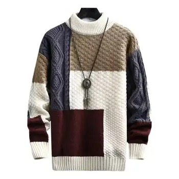 Ne steže se okrugli izrez, pogodan u boji zimski muški džemper u patchwork stilu za muškarce, muški džemper sa obojene blokove, muški pulover, džemper