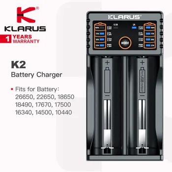 Punjač Klarus K2 s dva utora za bateriju na svjetiljku, pogodan za 26650, 22650, 18650, 18490, 17670, 17500, 16340, 14500, 10440, 163