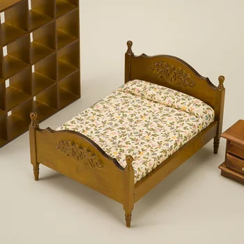1:12 kućica za lutke, mali retro model kreveta, пасторальный stil, cvjetni bračni krevet za lutkarske kuće, dekoracija spavaće sobe, namještaj dodatna oprema