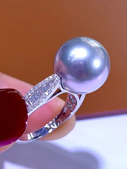 Prsten s prirodnim biserima iz morske vode, donje 18-karatno zlatno i jednostavna, 12-13 mm, okrugli, s iznimno jakom dijamant, tahićanski siva biseri