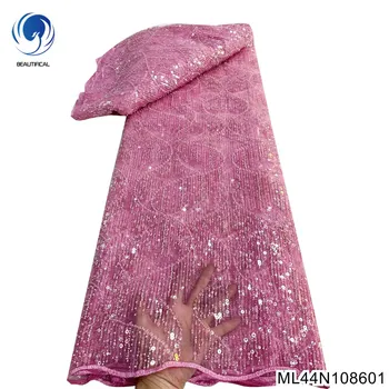 Ženski, suptilna večernja haljina, francuski cvjetne čipke tkanina s teškim vezom perle, afrička cvjetne čipke tkanina sa super šljokicama ML44N1086
