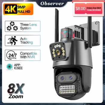 4K 9MP WIFI Kamera za video Nadzor Outdoor 8 Puta Hibridni Zoom 6-Megapikselna IP Kamera Sa tri Leće I Dual Screen Skladište Sigurnosti Automatsko Praćenje NVR iCSee
