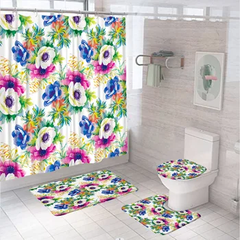 Akvareli tuš zavjese s cvjetnim biljka, setovi za kupatilo, нескользящий mat, poklopac wc, tepih, tepih, šarene zavjese za kadu u cvijetu