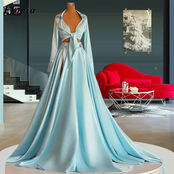Floria Couture Plava Večernja Haljina S Perlicama, Novi Trendi Satin Duge Haljine za Maturalne Večeri Iz Dva Dijela, Večernja Haljina Slavne osobe Za Vjenčanja 2023