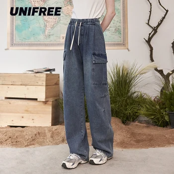 Ženske traperice UNIFREE sa direktnim штанинами, vanjska odjeća u američkom retro stilu, ženske hlače-teretni, široke hlače s velikim džepovima za žene