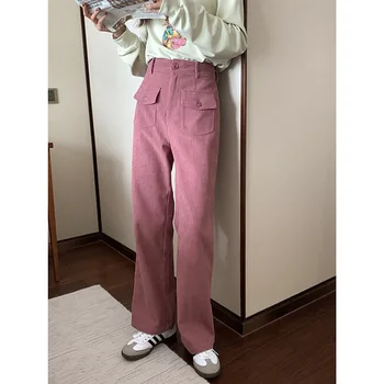 Tanke ravne hlače s visokim strukom, ženski roza samt svakodnevne hlače za žene, jesensko-zimskih modnih korejski hlače na zakopčane i munje