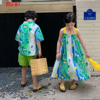 Korejski Dječje odjeće, Zelena Ljetna odjeća za brata i sestre, haljina za djevojčice ili košulja za dječaka, Dječje odjeće od 2 do 11 godina