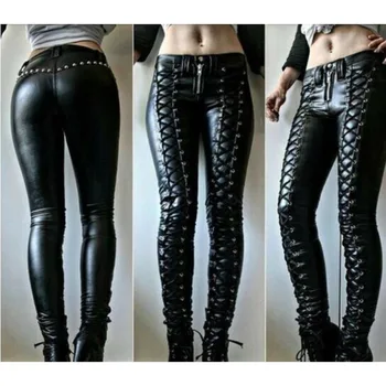 Crne kožne hlače, autentična moto hlače od janjeće kože, u retro stilu čipka-up, ženske europske i američke modne trendove