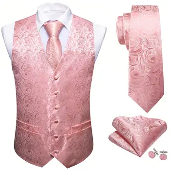 Luksuzni svileni prsluk s ružičastim cvijetom za muškarce, приталенный prsluk, kravata, skupa manžete, vjenčanja i poslovne jakna bez rukava Barry Wang