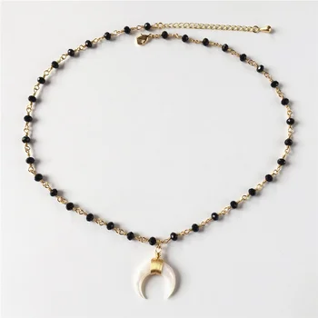 Ogrlica od prirodnog sedef FUWO s polumjesec, zlatna navijanje, lanac od crnih kristala perli, jednostavne lijep ukras u obliku školjke NC536 5 kom./lot
