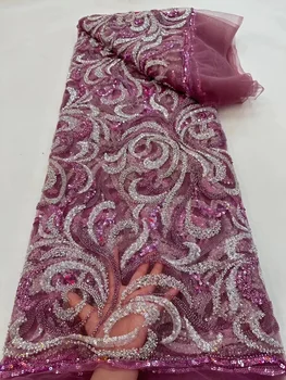 Luksuzna pink afrička cvjetne čipke tkanina 2023, visokokvalitetna cvjetne čipke tkanina od perle i šljokice, francuski нигерийская šivanje vjenčanje tkanina za mladence, 5 metara